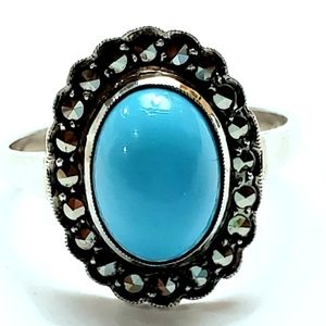 Vtg Sterling Turquoise & Marcasite Halo Ring Sz 8